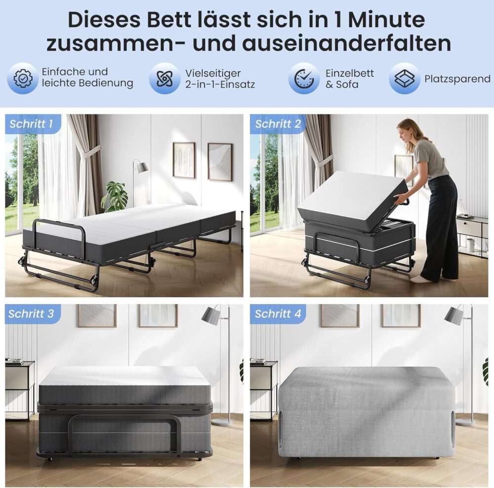 Folding Metal Bed 90x200cm with 10cm Foam Mattress – Bild 3