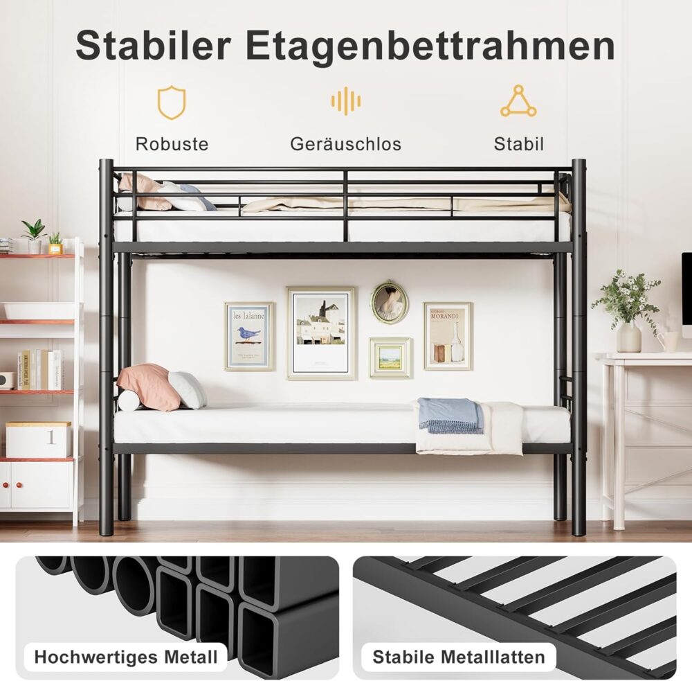 Etagenbett 90 x 200 cm mit Fallschutz und Lattenrost, in zwei Einzelbetten umwandelbar, funktionales Etagenbett – Schwarz – Bild 6