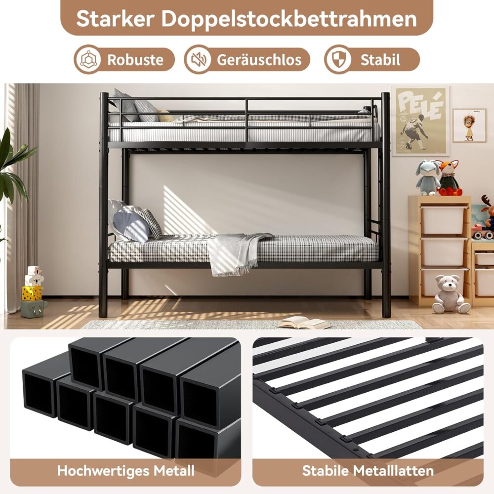 Kinder-Etagenbett 90 x 200 cm mit Sicherheitsgeländer, Metallbett, in 2 Einzelbetten umwandelbar, mit Lattenrost und rutschfester Leiter – Schwarz – Bild 6