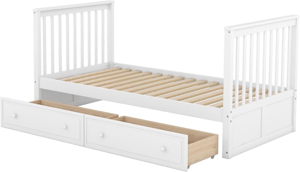 Children’s Wooden Bunk Bed 90×200 cm – White Convertible Bed for 2 Kids with Storage Drawers, Ladder, Fall Protection & Slatted Frame