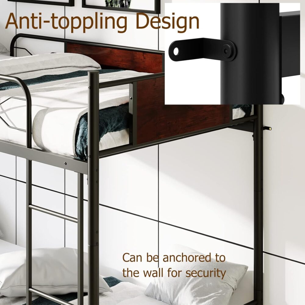Etagenbett für Erwachsene und Kinder, abnehmbares 2-stöckiges Bett ohne Matratze, mit Kletterleiter, im Industriestil, 198 x 95 x 156 cm, Schwarz – Bild 6
