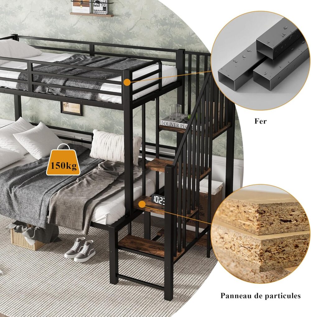 "Kinder-Etagenbett für 2 Personen, 90 x 200 cm und 120 x 200 cm – Metallbett mit Treppe, Regalablage, Lattenrost und Absturzsicherung, ohne Matratze, Schwarz" – Bild 6