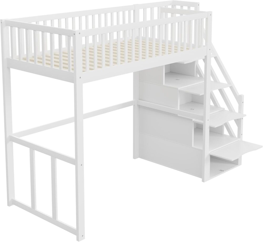 Wooden Bunk Bed White 90x200 cm with Ladder & Storage – Bild 6