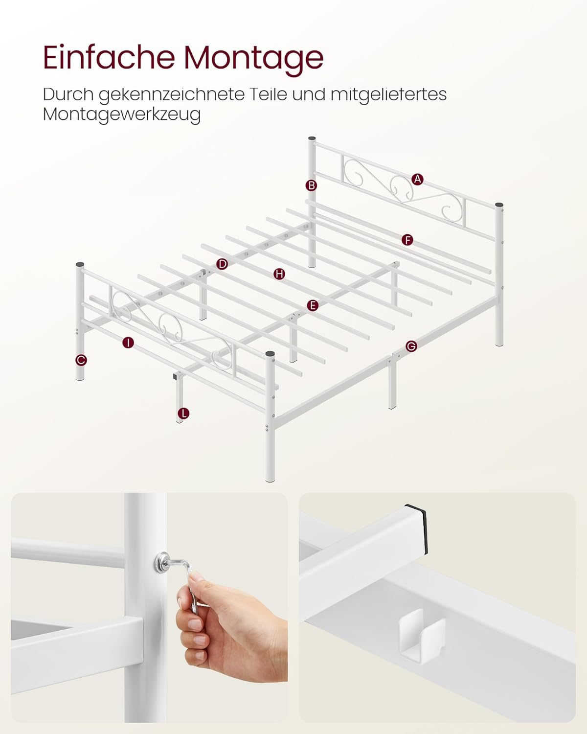 White Metal Double Bed Frame 160x200cm Easy Setup – Bild 3