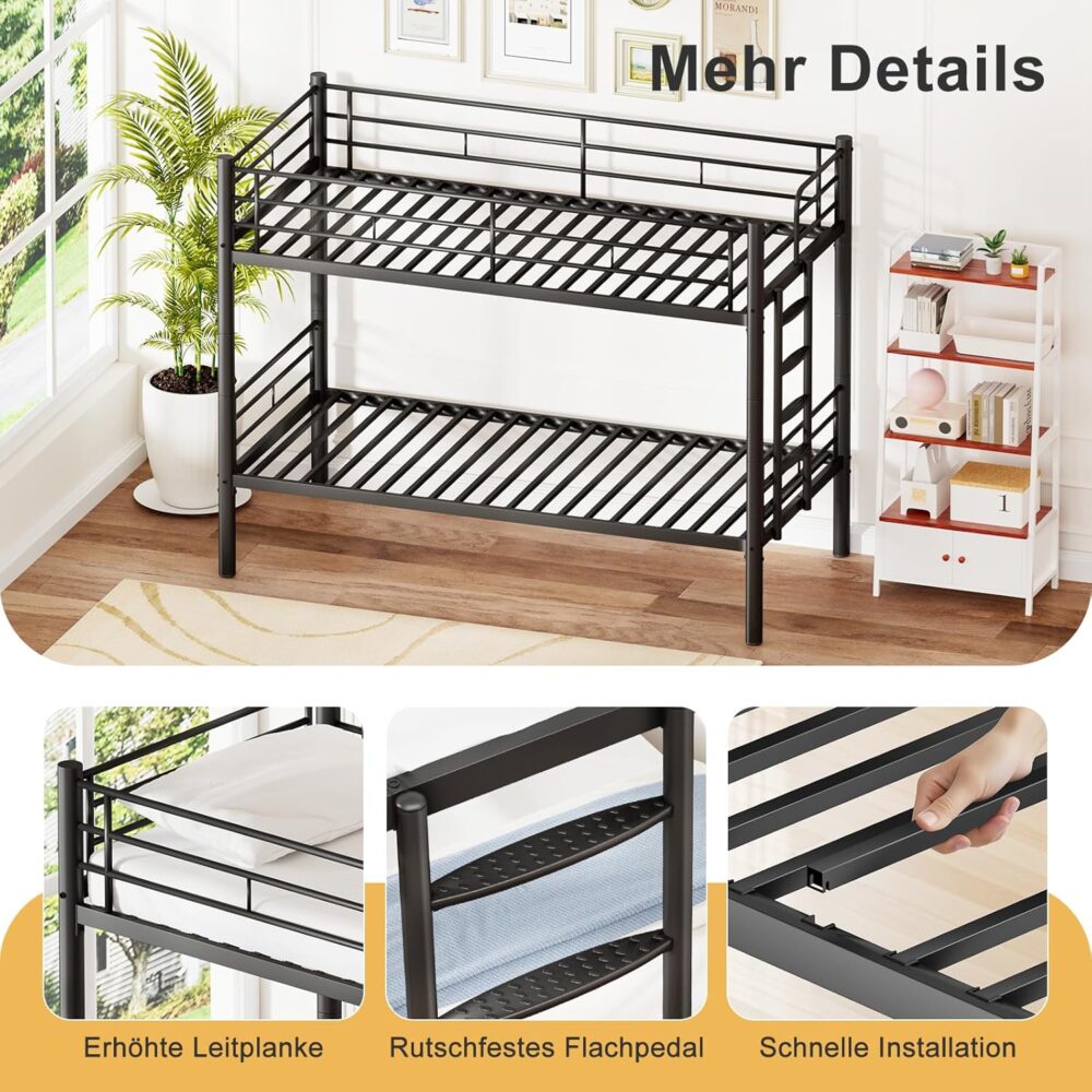 Etagenbett 90 x 200 cm mit Fallschutz und Lattenrost, in zwei Einzelbetten umwandelbar, funktionales Etagenbett – Schwarz – Bild 7