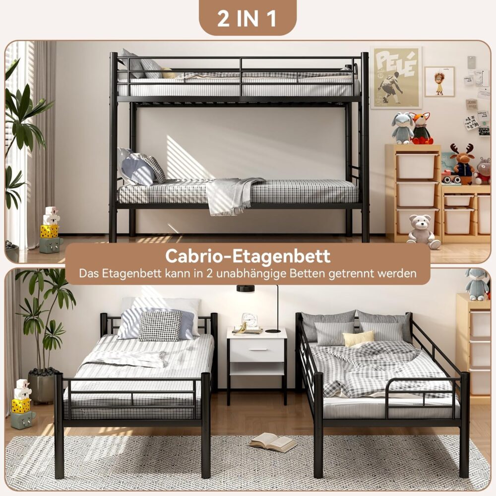 Kinder-Etagenbett 90 x 200 cm mit Sicherheitsgeländer, Metallbett, in 2 Einzelbetten umwandelbar, mit Lattenrost und rutschfester Leiter – Schwarz – Bild 7