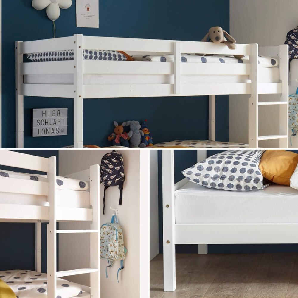 "Hochbett mit Leiter und zwei Liegeflächen 90 x 200 cm – Platzsparendes Kinder-Etagenbett aus Massivholz Kiefer Weiß – 97 x 140 x 207 cm (B x H x T)" – Bild 7