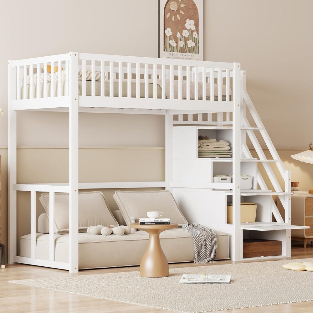 Wooden Bunk Bed White 90x200 cm with Ladder & Storage – Bild 7