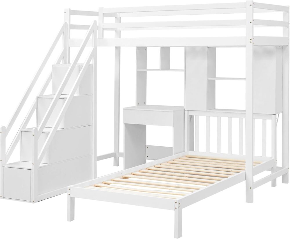 Etagenbett 90 x 200 cm, multifunktionales Kinderbett mit Schreibtisch und Regalen, Etagenbett mit Stauraumtreppe und Lattenrost, großer Stauraum, Kinder-Doppelbett, weiß, ohne Matratze – Bild 7