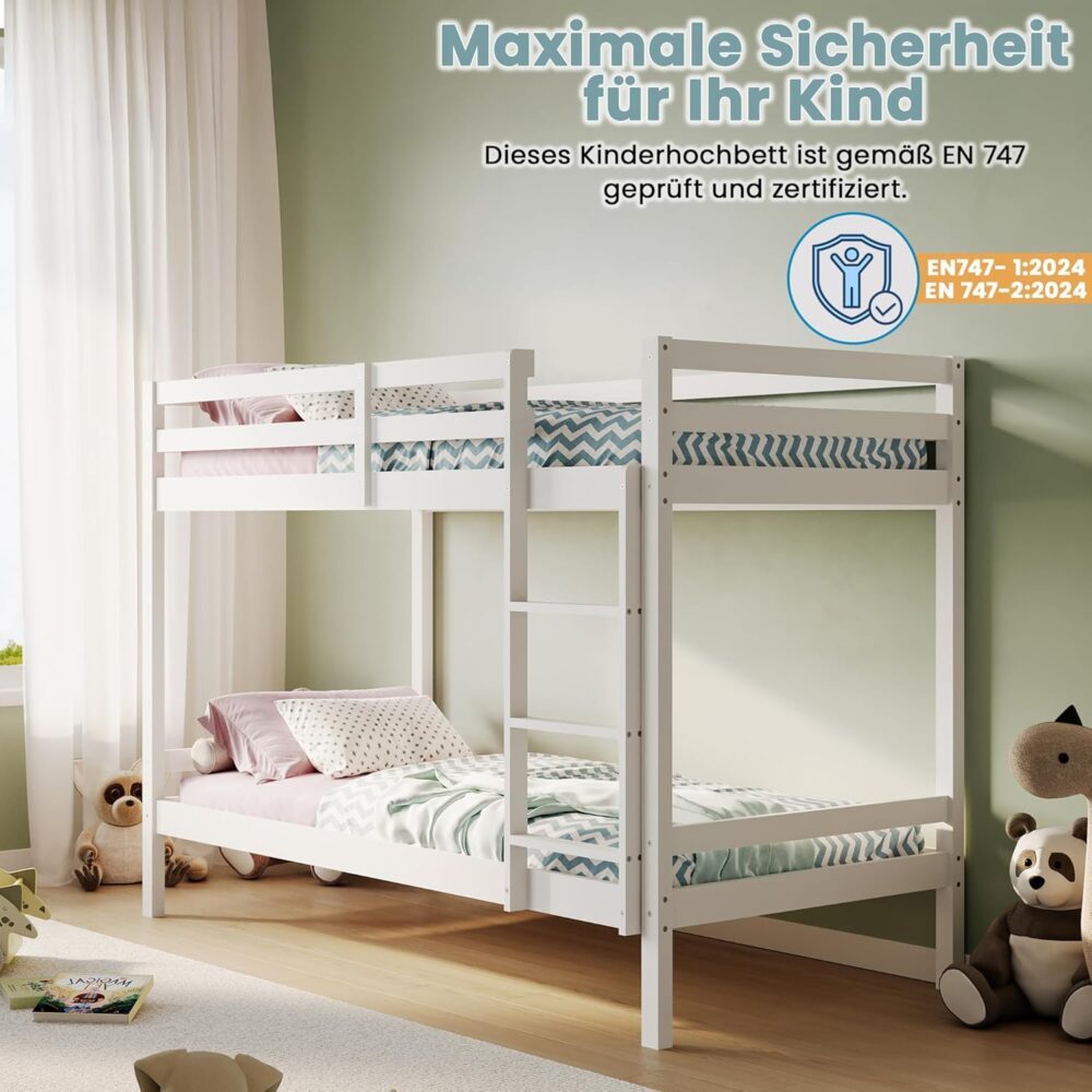 Etagenbett, Etagenbett 90 x 200 cm, Kinderbett aus Holz, EN 747 zertifiziert, platzsparendes und sicheres Etagenbett, 206 x 96 x 146 cm (B x T x H), weiß, geeignet für 4 bis 18 Jahre – Bild 7