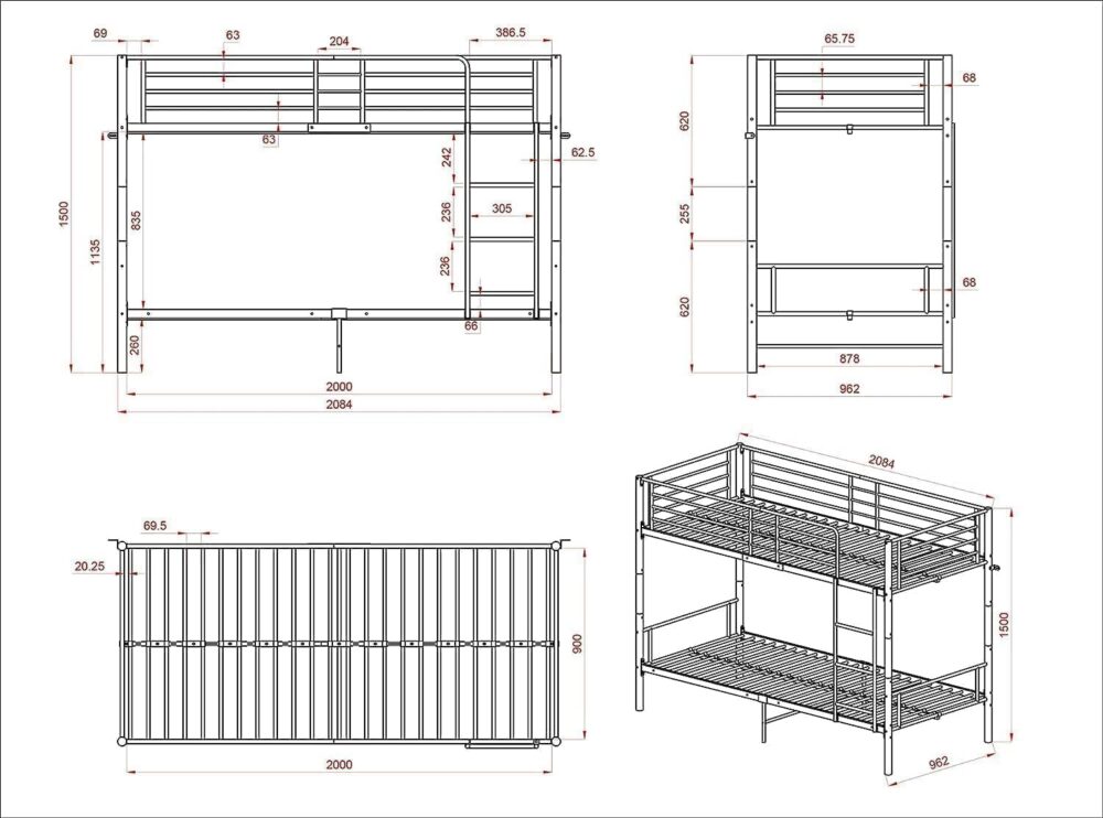 Metall-Etagenbett, Etagenbett, 90 x 200 cm, Metallbett, Jugendbett, Doppelstockbett mit Lattenrost, Schlafzimmer – Schwarz – Bild 8