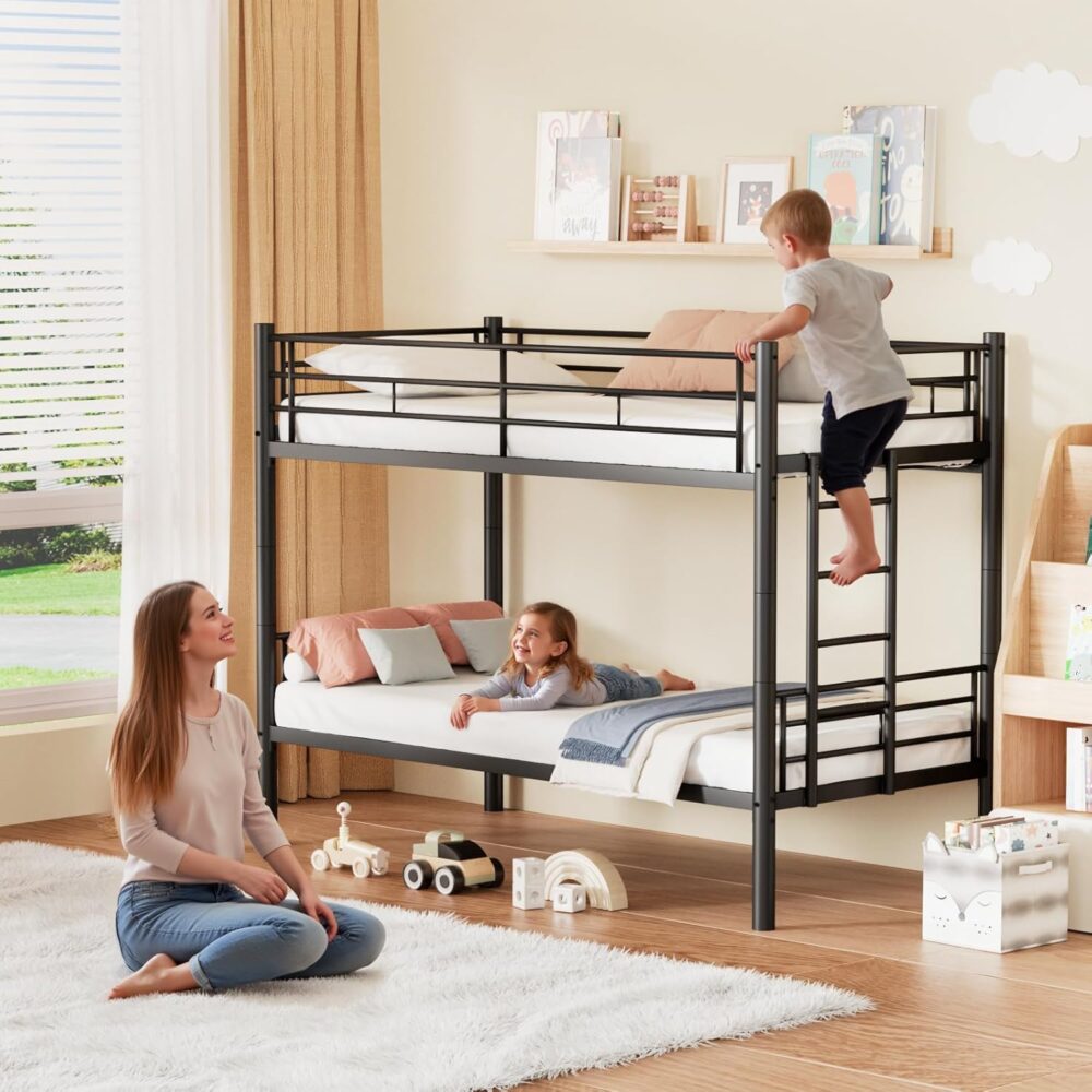 Etagenbett 90 x 200 cm mit Fallschutz und Lattenrost, in zwei Einzelbetten umwandelbar, funktionales Etagenbett – Schwarz – Bild 8