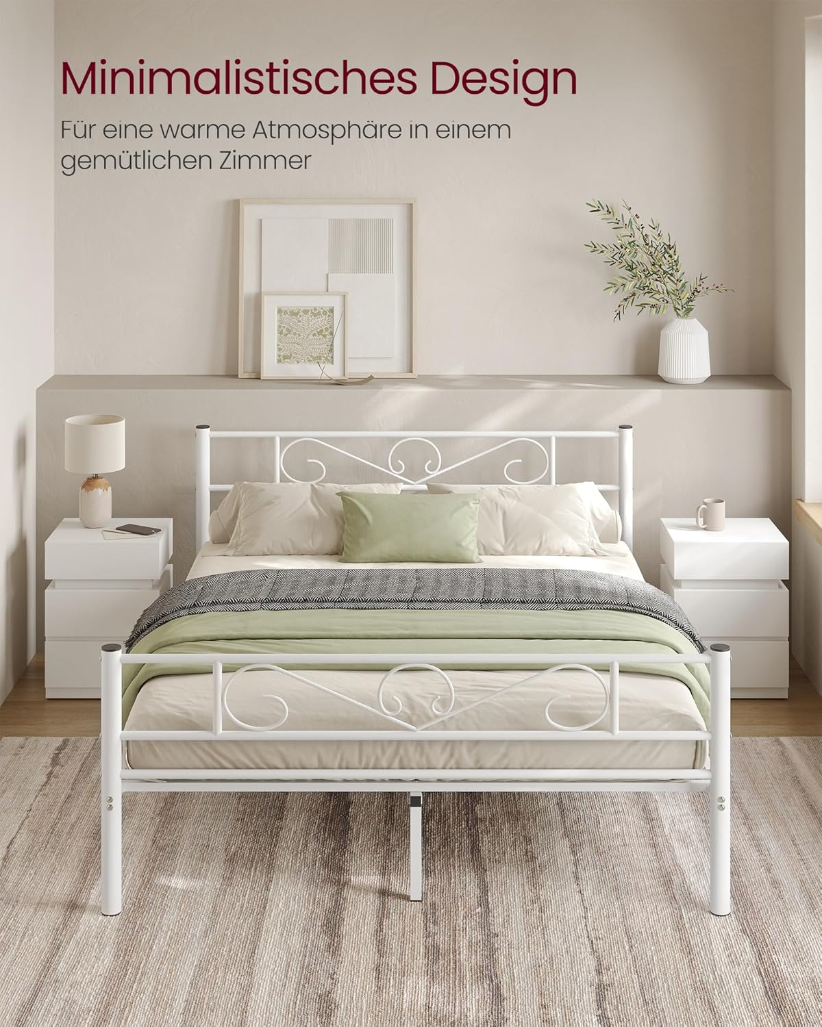 White Metal Double Bed Frame 160x200cm Easy Setup – Bild 2