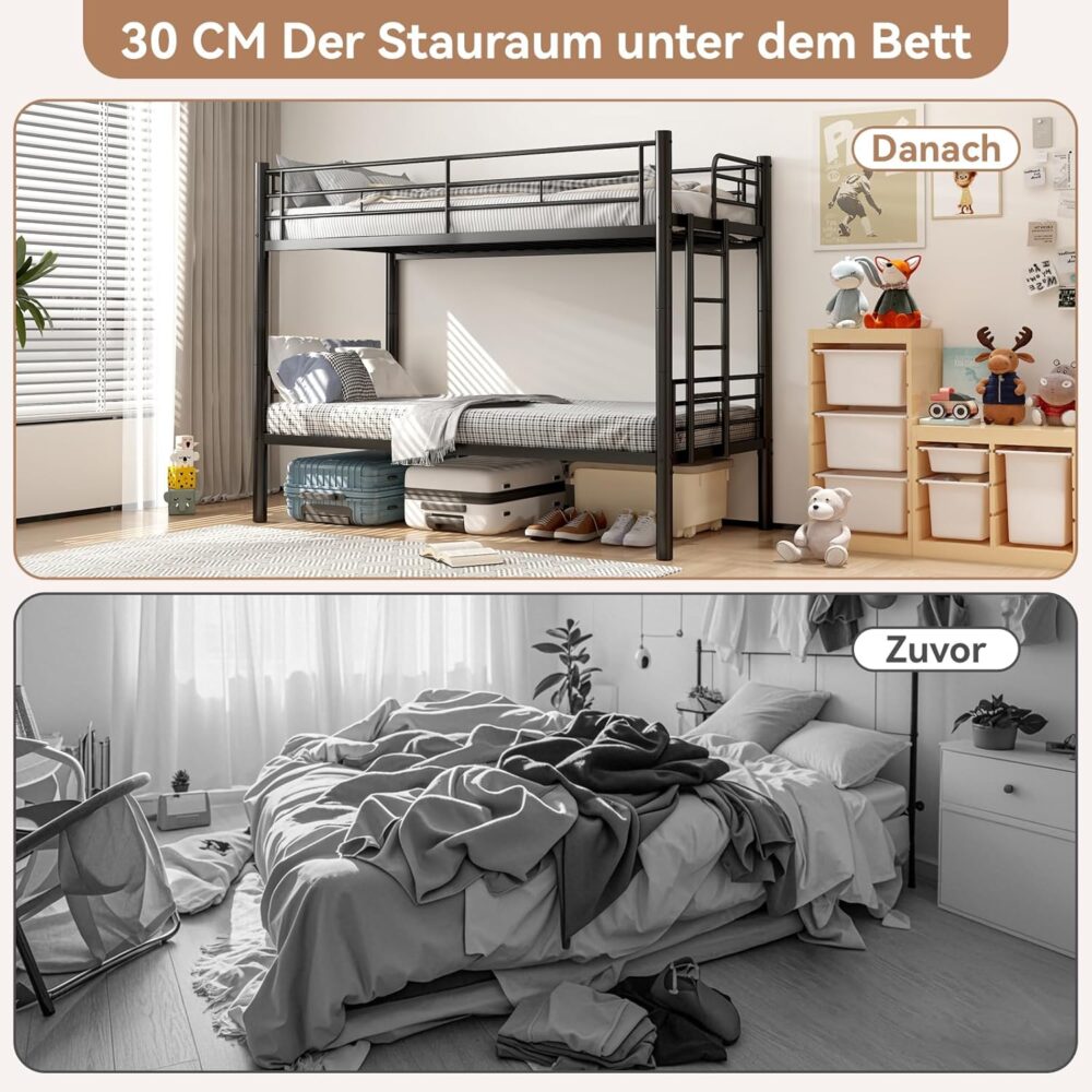 Kinder-Etagenbett 90 x 200 cm mit Sicherheitsgeländer, Metallbett, in 2 Einzelbetten umwandelbar, mit Lattenrost und rutschfester Leiter – Schwarz – Bild 8