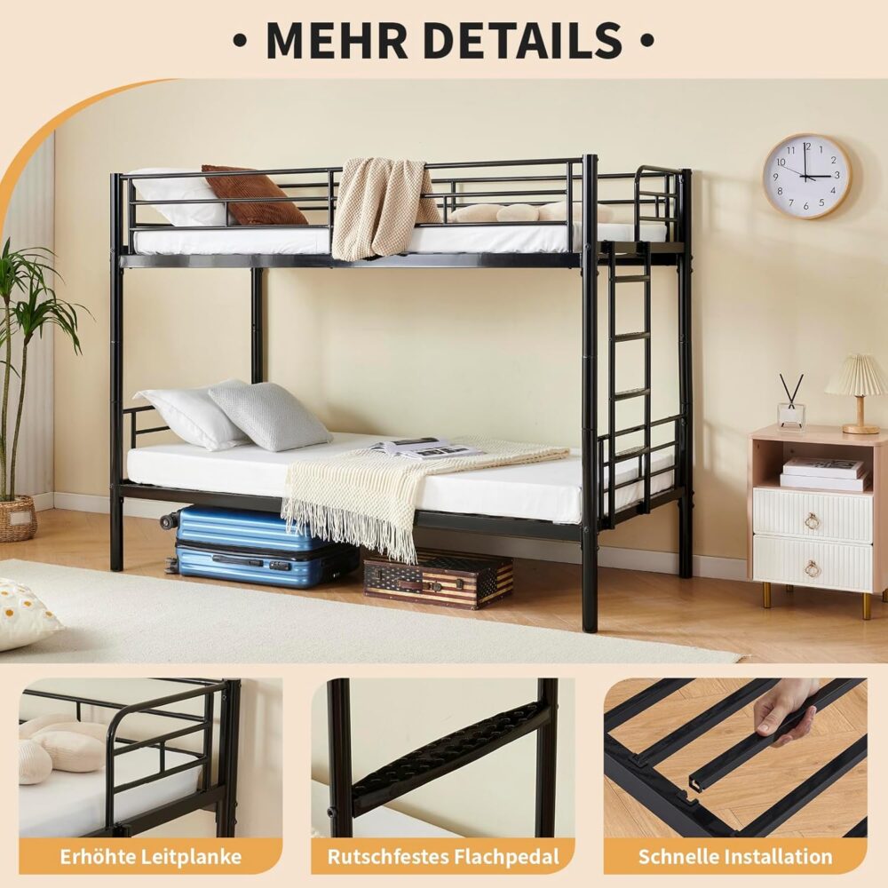 Metall-Etagenbett, mit Leiter und Fallschutz, geeignet für Erwachsene und Jugendliche, 90 x 200 cm, Schwarz – Bild 8