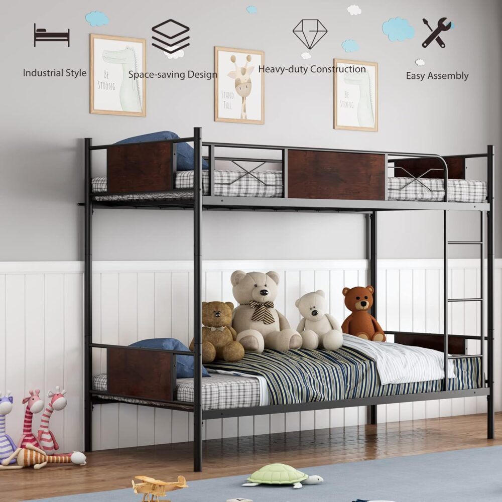 Etagenbett für Erwachsene und Kinder, abnehmbares 2-stöckiges Bett ohne Matratze, mit Kletterleiter, im Industriestil, 198 x 95 x 156 cm, Schwarz – Bild 8