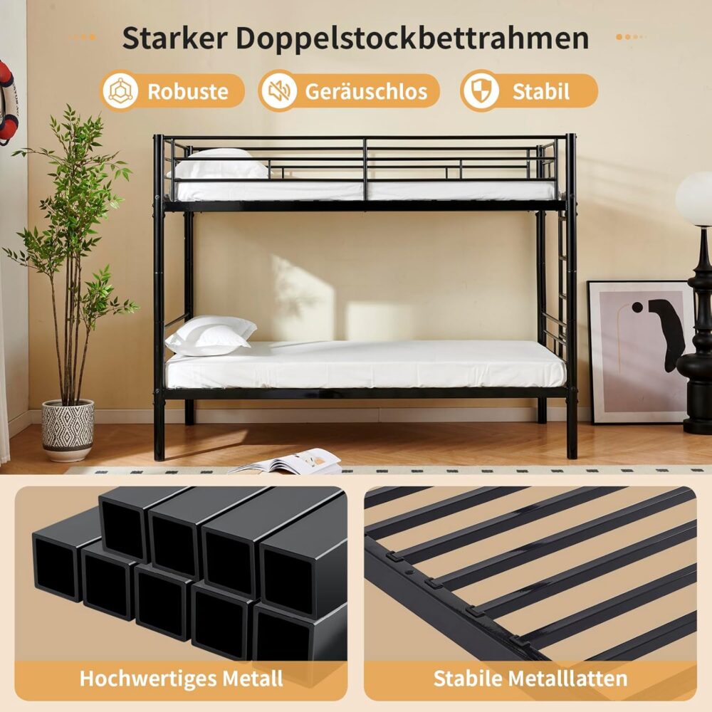 Metall-Etagenbett, mit Leiter und Fallschutz, geeignet für Erwachsene und Jugendliche, 90 x 200 cm, Schwarz – Bild 9