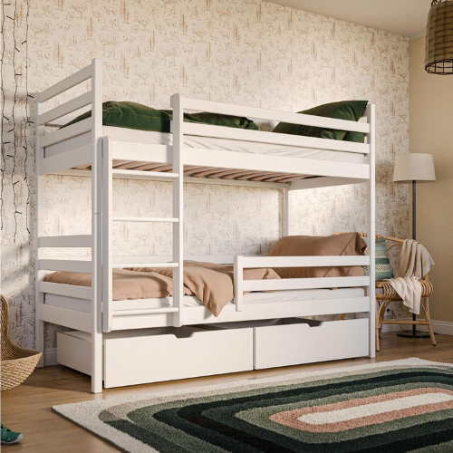 Etagenbett 90x200 cm mit Schubladen & Rausfallschutz