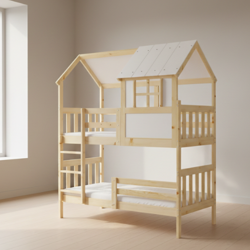 House-shaped bunk bed made of solid wood natural finish 90x190 cm