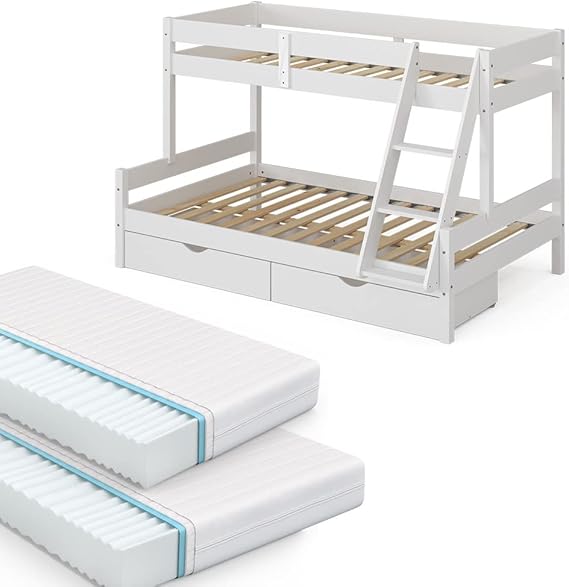 White Wooden Bunk Bed 120x200 80x200 with Mattresses