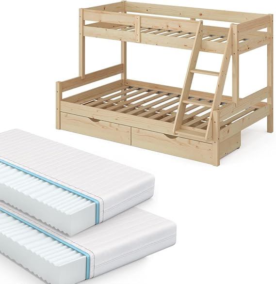 Kids Natural Wood Bunk Bed with Mattresses Drawers