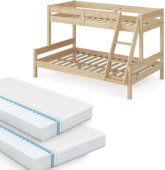 Kids Natural Wood Bunk Bed with 2 Mattresses
