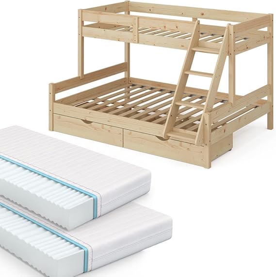 Kids Natural Wood Bunk Bed with Mattresses Drawers