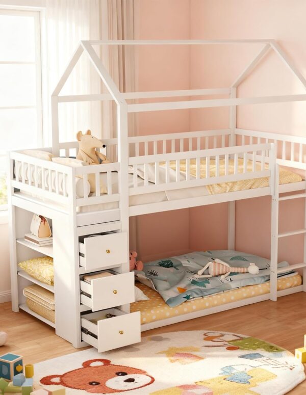 Haus-Etagenbett 90x200 mit Treppe und Stauraum