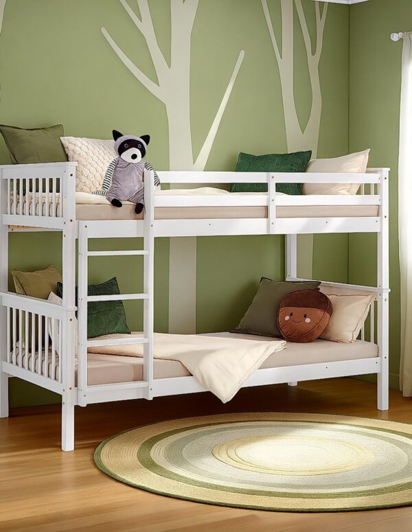 Etagenbett 2 Kinder 90x200 mit Treppe Weiß Holz