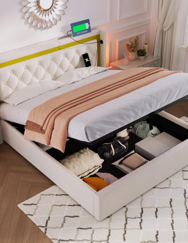 Polsterbett 160x200 cm beige mit Stauraum und LED-Beleuchtung