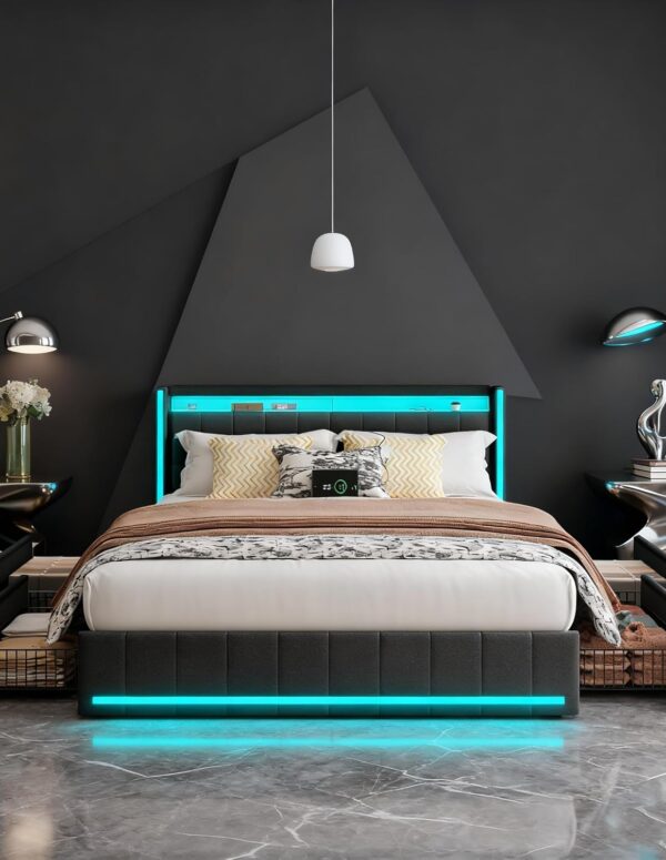 Polsterbett 140x200 mit LED, USB und 4 Schubladen