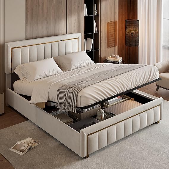 Velvet Double Bed 160x200 Beige with Slatted Base
