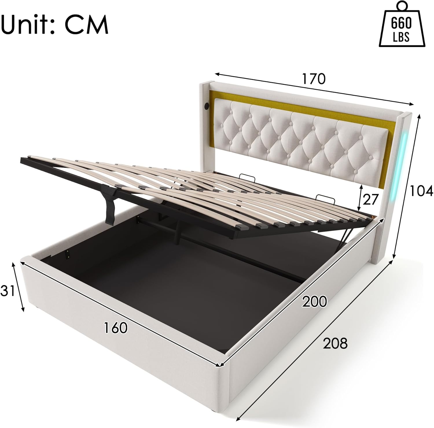 Polsterbett 160x200 cm beige mit LED, USB & Stauraum – Bild 3