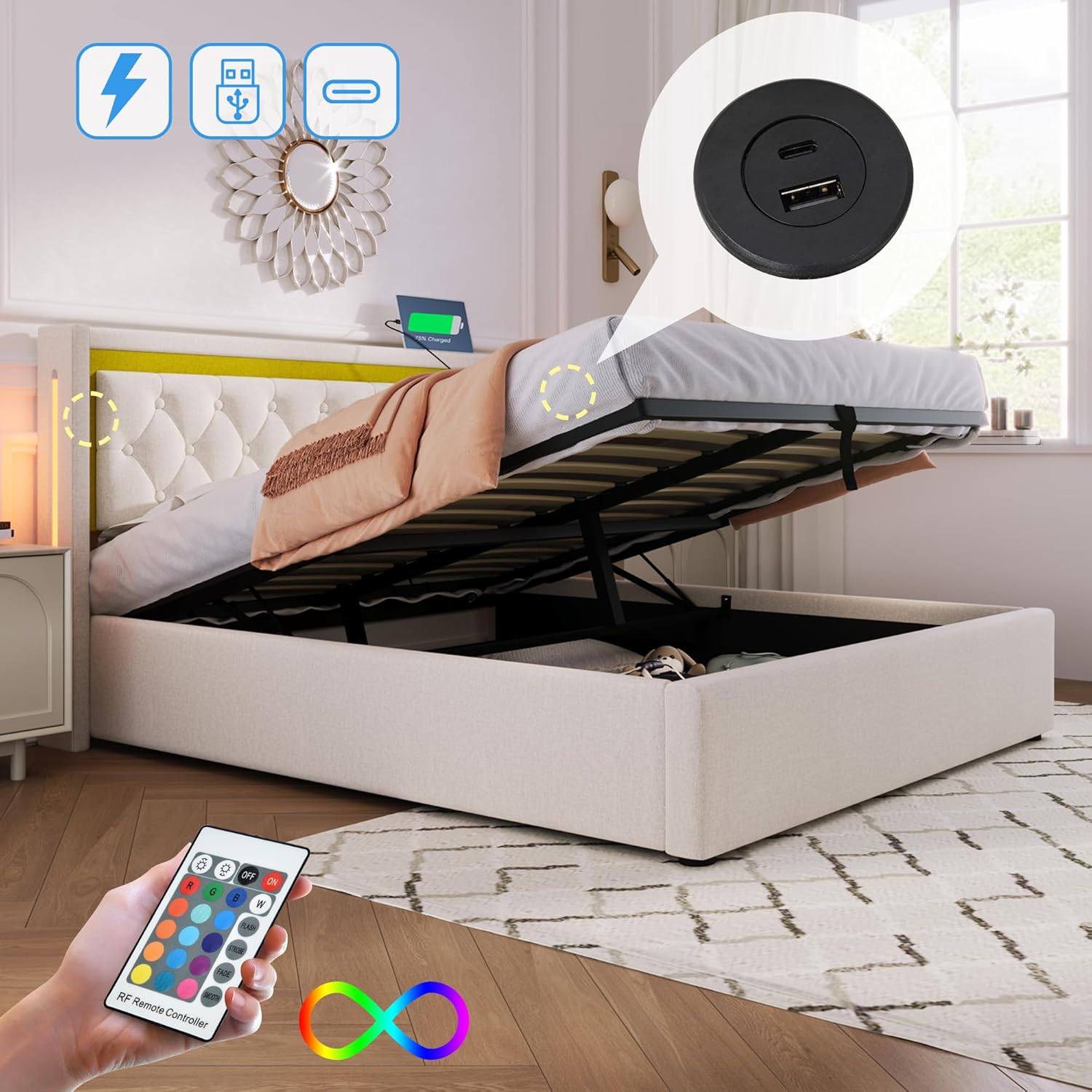 Polsterbett 160x200 cm beige mit LED, USB & Stauraum – Bild 2