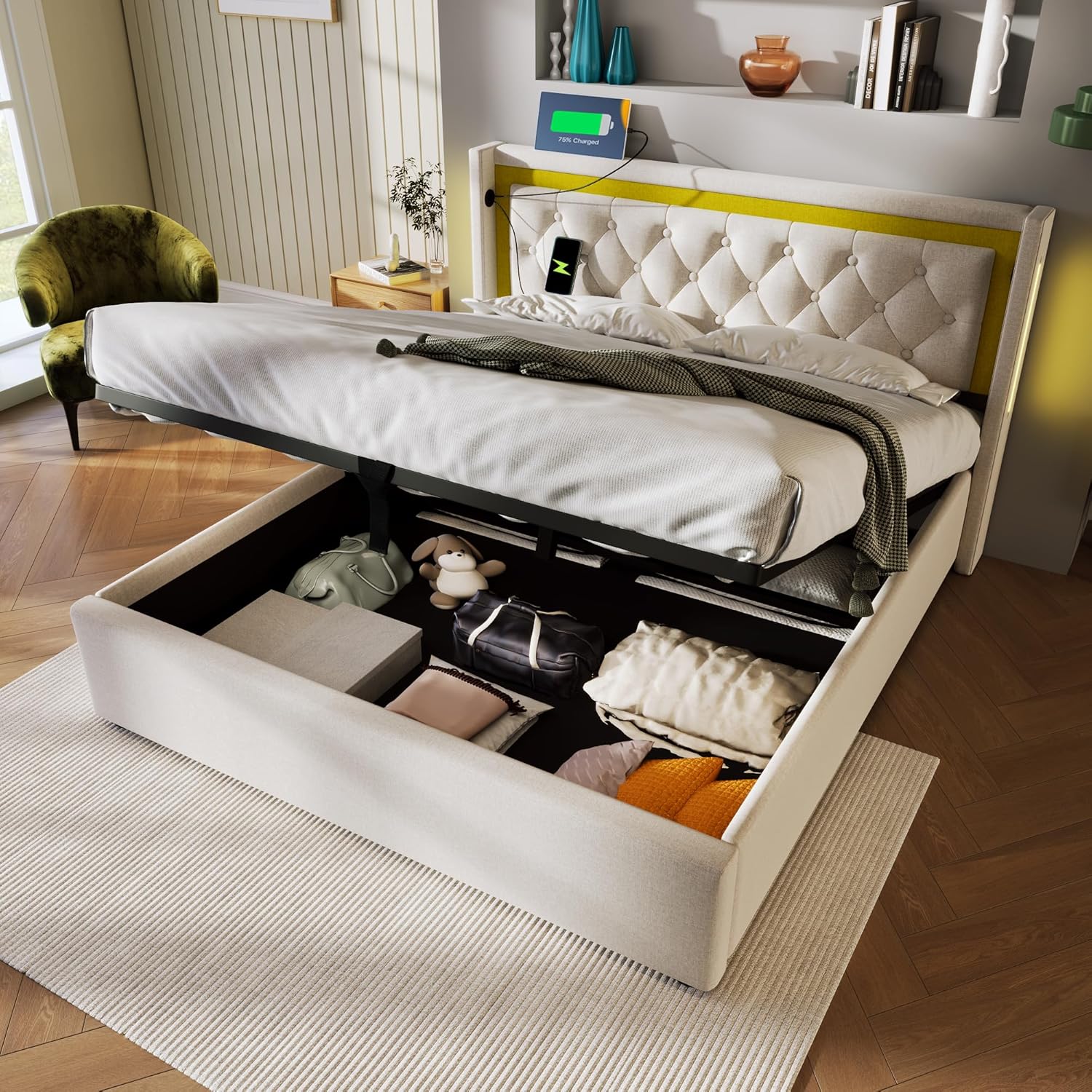 Polsterbett 160x200 cm beige mit LED, USB & Stauraum – Bild 7