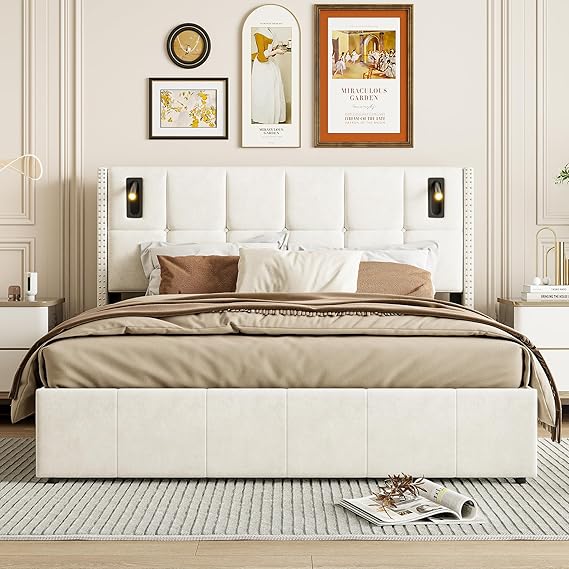 Velvet Double Bed 140x200 Beige with Reading Light